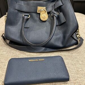Michael Kors Dark Blue Shoulder Bag with Gold Accents
